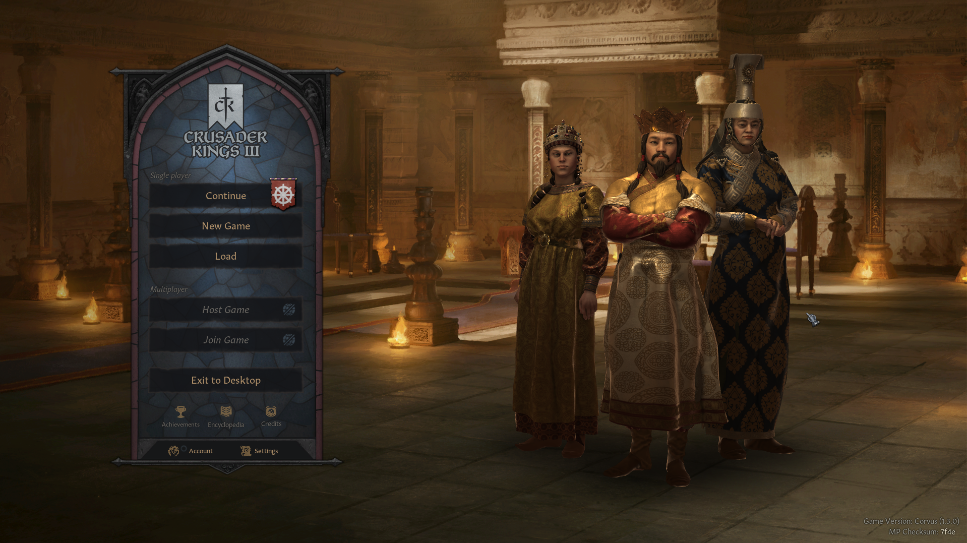 Crusader Kings 3 (CK3)'s starting screen will show the key members of the Dynasty that you are using in your latest Saved game