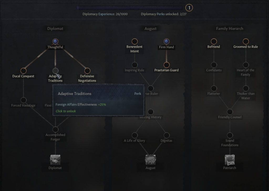 Skill Tree in Diplomacy allows you to learn Perks that could help you in Diplomacy and eventually gain a Trait with further boost!