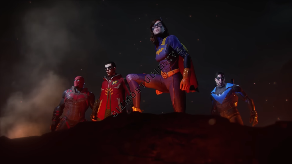 Introducing from the left, we have Red Hood (Jason Todd), Robin (Tim Drake), Batgirl (Barbara Gordon) and Nightwing (Dick Grayson)