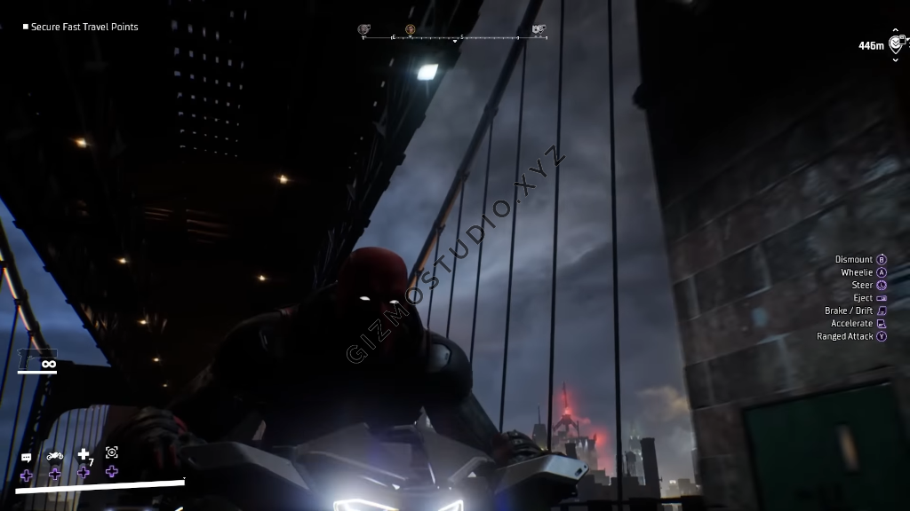 Using Red Hood and riding a badass motorbike in the busy streets of Gotham City.