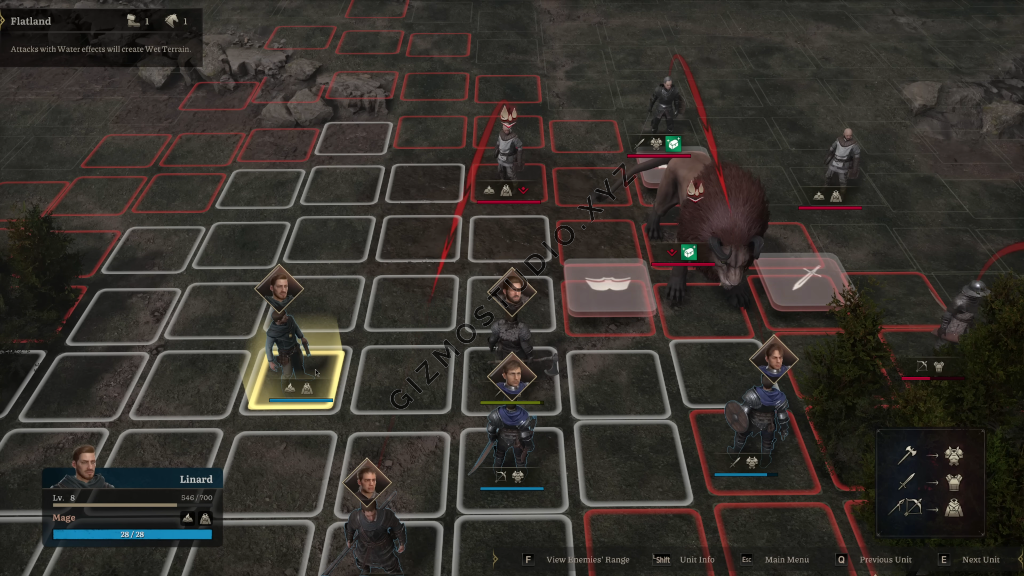 Like the Fire Emblem series, Lost Eidolons uses square grids for characters' movement and positioning. Shown above is a fight against a monster which can easily attack multiple parties in each attack, so players have to plan wisely about the positioning.