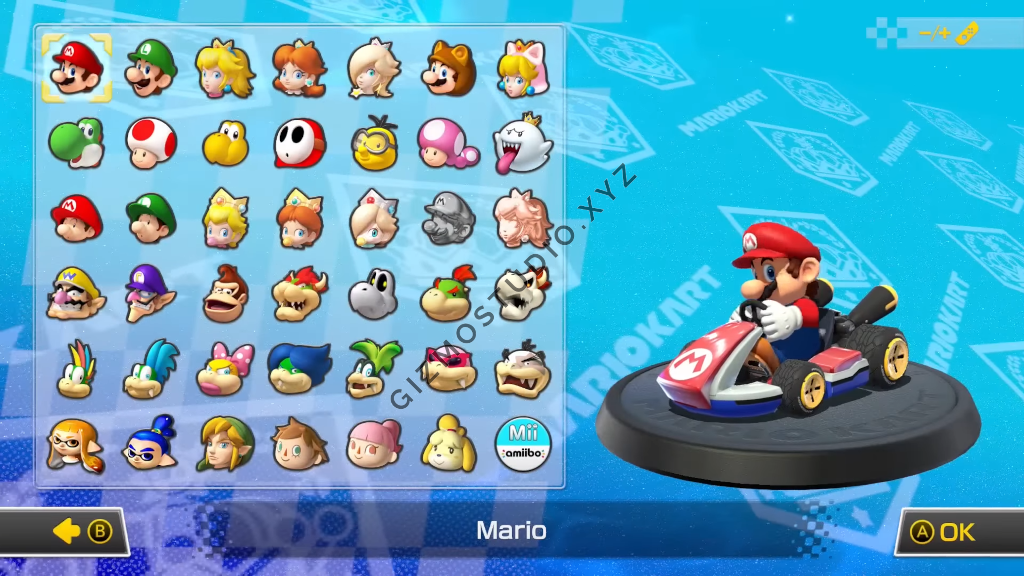 Character selection! Each character has their own unique kart and they look beautiful! They are all from the Mario universe~