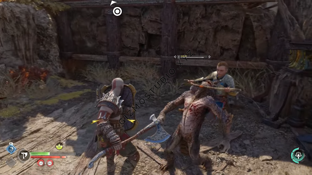 The gameplay involves Kratos and his son Atreus teaming up in fights